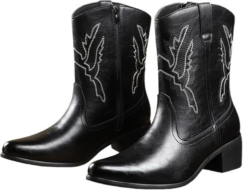 Cowboy Boots for Men Pointed Toe Western Retro Boot Durable Classic Fashionable Embroidered Western Cowboy Mid Calf Boots Resistant Boots with Side Zipper in Saudi Arabia