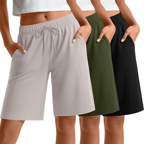 3 Pack Women's Bermuda Shorts Knee Length Lightweight Elastic Drawstring Casual Lounge Yoga Pants with Pockets in Saudi Arabia