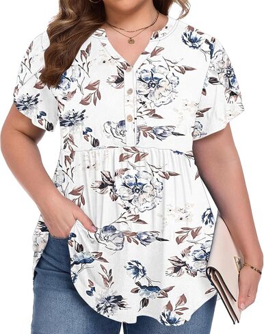 PLOKNRD Women's Plus Size Short Ruffle Sleeve Henley Shirts V Neck Button Tunic Tops Casual Swing Flowy Dressy Blouses in Saudi Arabia