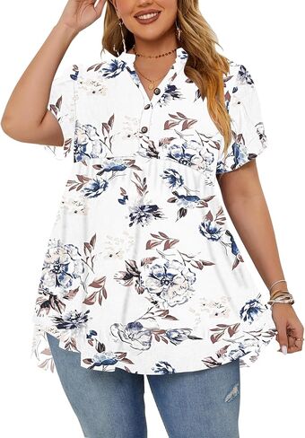 PLOKNRD Women's Plus Size Short Ruffle Sleeve Henley Shirts V Neck Button Tunic Tops Casual Swing Flowy Dressy Blouses in Saudi Arabia