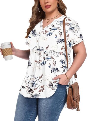 PLOKNRD Women's Plus Size Short Ruffle Sleeve Henley Shirts V Neck Button Tunic Tops Casual Swing Flowy Dressy Blouses in Saudi Arabia