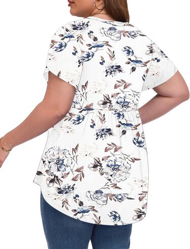 PLOKNRD Women's Plus Size Short Ruffle Sleeve Henley Shirts V Neck Button Tunic Tops Casual Swing Flowy Dressy Blouses in Saudi Arabia