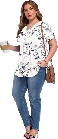 PLOKNRD Women's Plus Size Short Ruffle Sleeve Henley Shirts V Neck Button Tunic Tops Casual Swing Flowy Dressy Blouses in Saudi Arabia