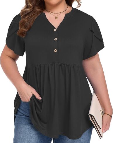 PLOKNRD Women's Plus Size Short Ruffle Sleeve Henley Shirts V Neck Button Tunic Tops Casual Swing Flowy Dressy Blouses in Saudi Arabia