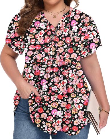 PLOKNRD Women's Plus Size Short Ruffle Sleeve Henley Shirts V Neck Button Tunic Tops Casual Swing Flowy Dressy Blouses in Saudi Arabia