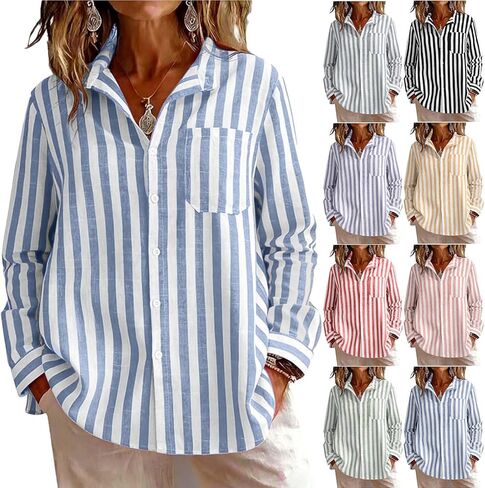SMIDOW Long Sleeve Button Down Shirts Women - Striped Collared Linen Tops Spring Fashion 2026 Casual Summer Blouses in Saudi Arabia