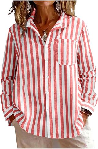 SMIDOW Long Sleeve Button Down Shirts Women - Striped Collared Linen Tops Spring Fashion 2026 Casual Summer Blouses in Saudi Arabia