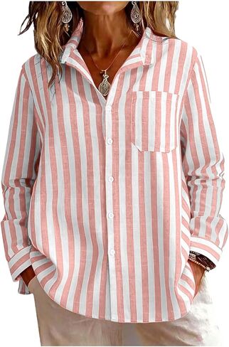 SMIDOW Long Sleeve Button Down Shirts Women - Striped Collared Linen Tops Spring Fashion 2026 Casual Summer Blouses in Saudi Arabia