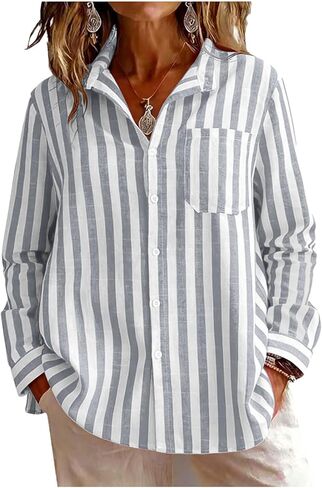 SMIDOW Long Sleeve Button Down Shirts Women - Striped Collared Linen Tops Spring Fashion 2026 Casual Summer Blouses in Saudi Arabia
