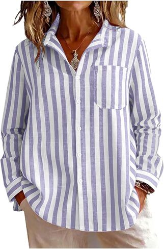 SMIDOW Long Sleeve Button Down Shirts Women - Striped Collared Linen Tops Spring Fashion 2026 Casual Summer Blouses in Saudi Arabia