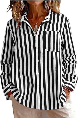 SMIDOW Long Sleeve Button Down Shirts Women - Striped Collared Linen Tops Spring Fashion 2026 Casual Summer Blouses in Saudi Arabia
