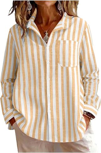 SMIDOW Long Sleeve Button Down Shirts Women - Striped Collared Linen Tops Spring Fashion 2026 Casual Summer Blouses in Saudi Arabia