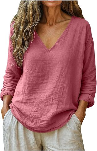 Shirts for Women Linen Long Sleeve V Neck Tops Senior Womens Spring Casual Dressy Blouse Summer Beach Vacation Clothes in Kuwait