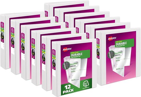 Avery عرض متين 3 مجلدات حلقية للمنزل أو اللوازم المدرسية أو المكتب أو احتياجات التنظيم، حلقة مائلة 1.5 بوصة، 12 حزمة مجلدات بيضاء (17022) in Kuwait