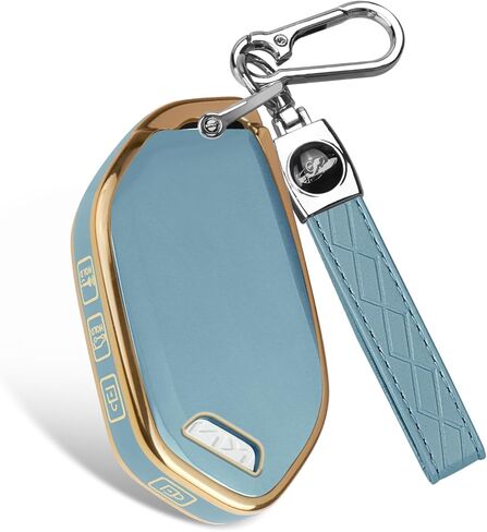 غطاء مفتاح KIA Key Fob مع سلسلة مفاتيح جلدية، 5 أزرار حماية كاملة متينة من مادة TPU لمفتاح السيارة تناسب سيارة Telluride Sportage Sorento Carnival Seltos K4 K5 (ذهبي-أبيض) in Saudi Arabia