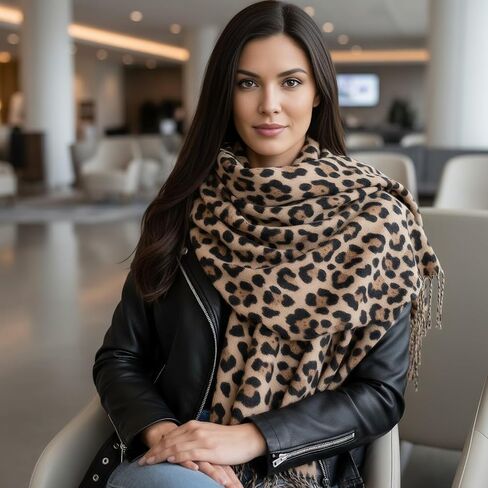 Long Winter Scarf for Women with Leopard Print - Soft Shawl Wrap, Cozy Blanket-Style Neck Warmer in Saudi Arabia