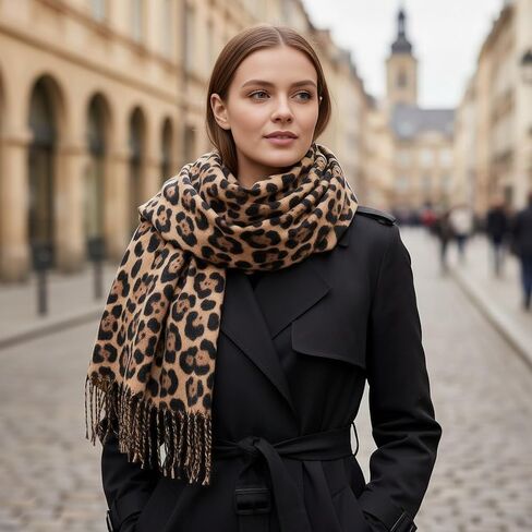 Long Winter Scarf for Women with Leopard Print - Soft Shawl Wrap, Cozy Blanket-Style Neck Warmer in Saudi Arabia