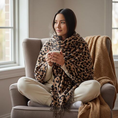 Long Winter Scarf for Women with Leopard Print - Soft Shawl Wrap, Cozy Blanket-Style Neck Warmer in Saudi Arabia