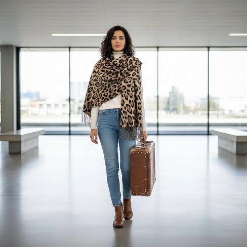 Long Winter Scarf for Women with Leopard Print - Soft Shawl Wrap, Cozy Blanket-Style Neck Warmer in Saudi Arabia