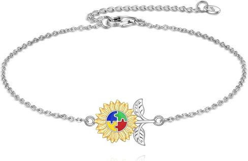 YFN Autism Awareness Bracelet Sterling Silver Puzzle Sunflower Piece Charm Bracelet ASD Jewelry for Women Inspirational Autism Awareness Gifts in Saudi Arabia