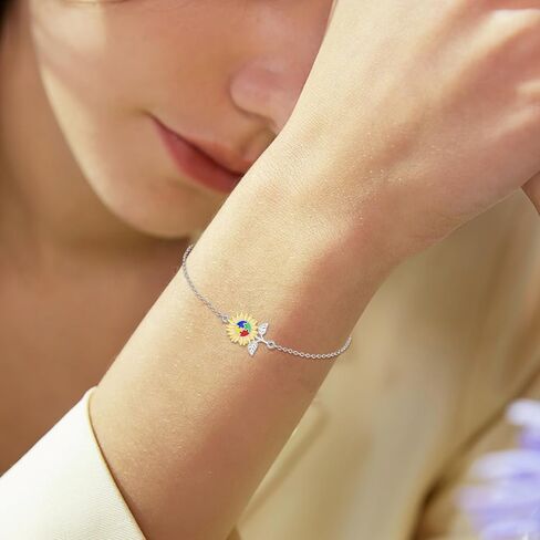 YFN Autism Awareness Bracelet Sterling Silver Puzzle Sunflower Piece Charm Bracelet ASD Jewelry for Women Inspirational Autism Awareness Gifts in Saudi Arabia
