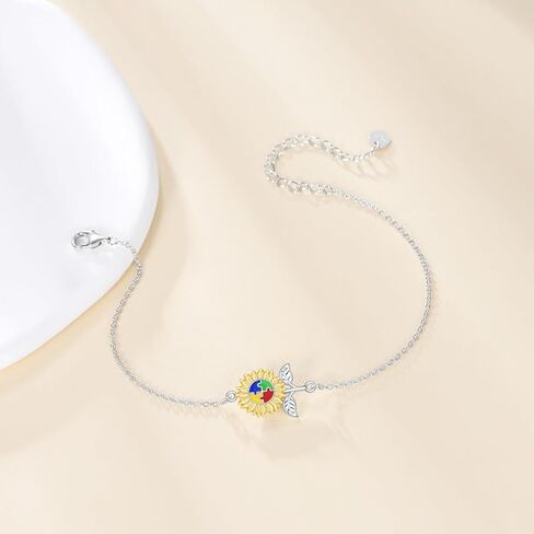 YFN Autism Awareness Bracelet Sterling Silver Puzzle Sunflower Piece Charm Bracelet ASD Jewelry for Women Inspirational Autism Awareness Gifts in Saudi Arabia