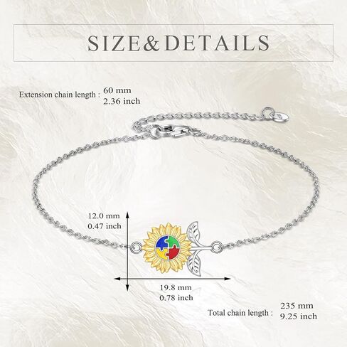 YFN Autism Awareness Bracelet Sterling Silver Puzzle Sunflower Piece Charm Bracelet ASD Jewelry for Women Inspirational Autism Awareness Gifts in Saudi Arabia