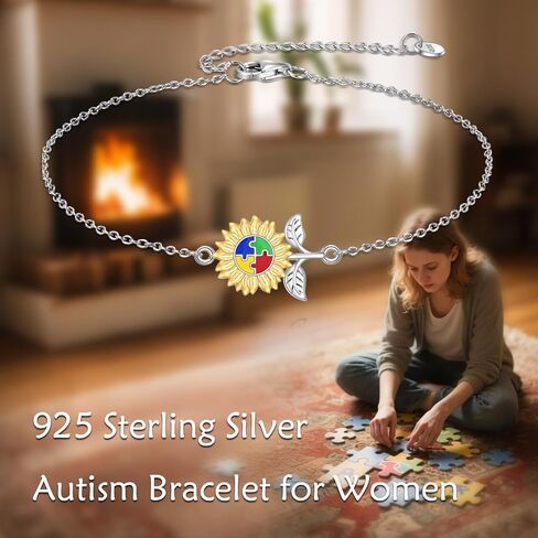 YFN Autism Awareness Bracelet Sterling Silver Puzzle Sunflower Piece Charm Bracelet ASD Jewelry for Women Inspirational Autism Awareness Gifts in Saudi Arabia