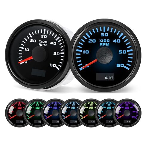 مقياس سرعة الدوران MH 2-1/6 بوصة 52 مم 6000 Tach Boat RPM مقياس 7 ألوان مقاوم للماء للسيارات والشاحنات البحرية (أسود) in Kuwait