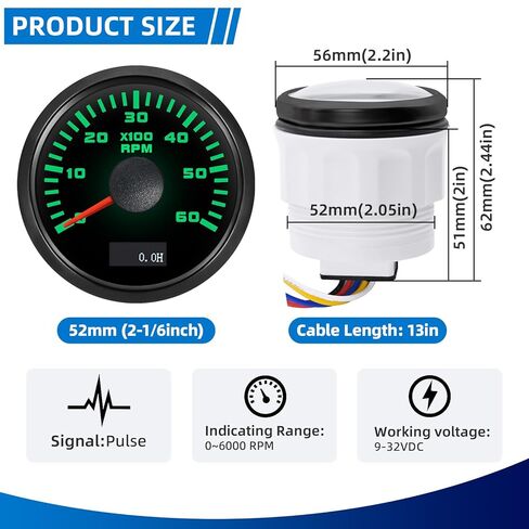 مقياس سرعة الدوران MH 2-1/6 بوصة 52 مم 6000 Tach Boat RPM مقياس 7 ألوان مقاوم للماء للسيارات والشاحنات البحرية (أسود) in Kuwait