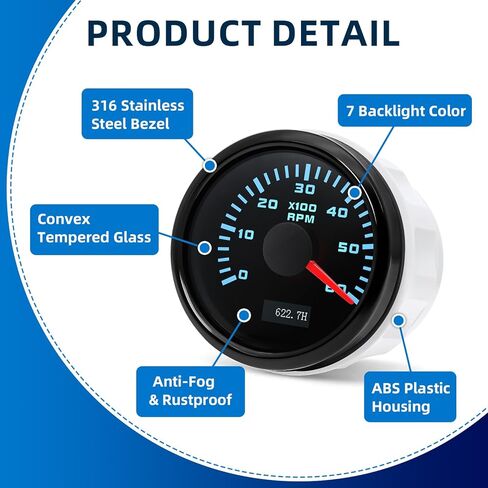 مقياس سرعة الدوران MH 2-1/6 بوصة 52 مم 6000 Tach Boat RPM مقياس 7 ألوان مقاوم للماء للسيارات والشاحنات البحرية (أسود) in Kuwait