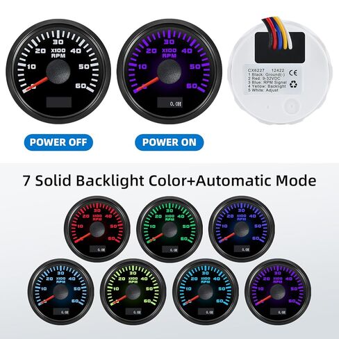 مقياس سرعة الدوران MH 2-1/6 بوصة 52 مم 6000 Tach Boat RPM مقياس 7 ألوان مقاوم للماء للسيارات والشاحنات البحرية (أسود) in Kuwait