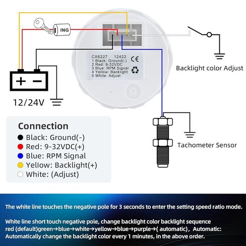مقياس سرعة الدوران MH 2-1/6 بوصة 52 مم 6000 Tach Boat RPM مقياس 7 ألوان مقاوم للماء للسيارات والشاحنات البحرية (أسود) in Kuwait