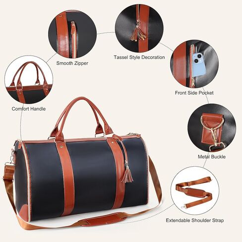 Convertible Garment Duffle Bag for Travel, Carry On Garment Bag with Shoe Pouch, PU Leather, 2 in 1 Hanging Suit Travel Bags Large Weekender Overnight Bags for Women Men (Black) in Saudi Arabia