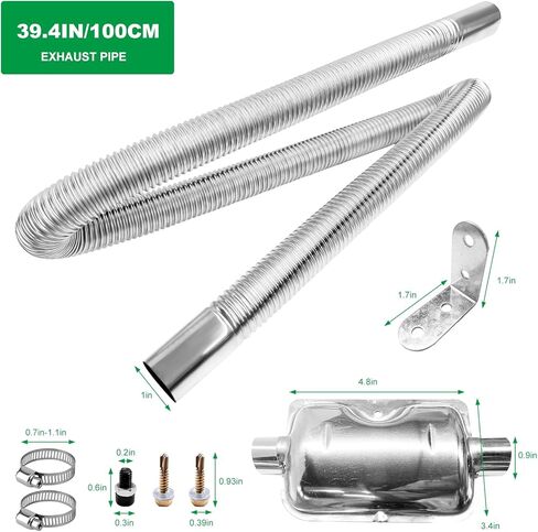 24.5mm/0.96" Diesel Heater Exhaust Pipe with Silencer Muffler, 100cm/39.37" Stainless Steel Exhaust Tubing with Hose Clamps, Fuel Tank Parking Air Heater Vent Hose Kit for Most Cars in Kuwait