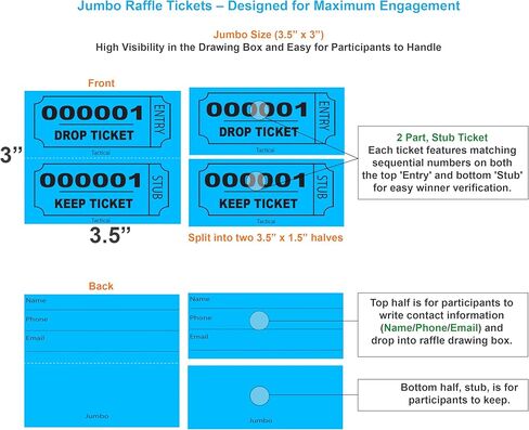 Tacticai 210 Raffle Tickets, Blue, Double Stub, Jumbo Size Ticket for Events, Entry, Class Reward, Fundraiser & Prizes in Kuwait