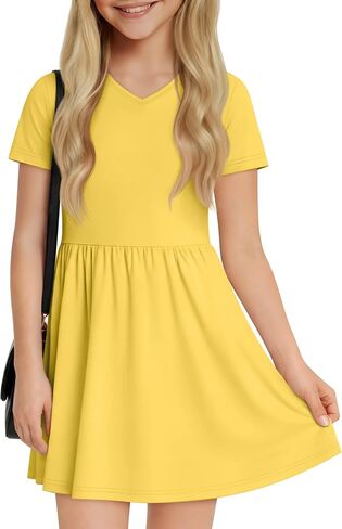 Girls a Line Dress Short Sleeve V Neck Solid Color Summer Dress for 5-14 Years Kids Casual in Saudi Arabia