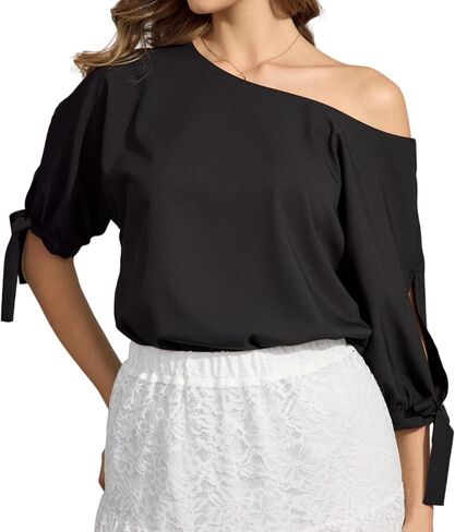 Women's Casual Summer Off One Shoulder 3/4 Tie Sleeves Blouse Ladies Boat Neck Top Loose Tunic in Saudi Arabia