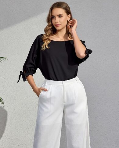 Women's Casual Summer Off One Shoulder 3/4 Tie Sleeves Blouse Ladies Boat Neck Top Loose Tunic in Saudi Arabia