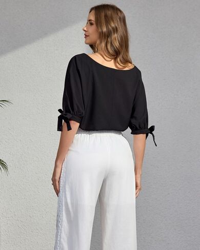 Women's Casual Summer Off One Shoulder 3/4 Tie Sleeves Blouse Ladies Boat Neck Top Loose Tunic in Saudi Arabia