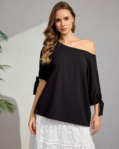 Women's Casual Summer Off One Shoulder 3/4 Tie Sleeves Blouse Ladies Boat Neck Top Loose Tunic in Saudi Arabia
