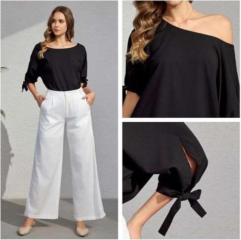 Women's Casual Summer Off One Shoulder 3/4 Tie Sleeves Blouse Ladies Boat Neck Top Loose Tunic in Saudi Arabia