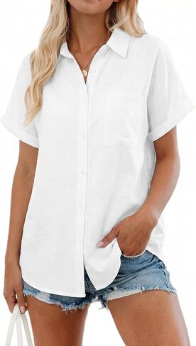 Womens Casual Button Down Shirt Short Sleeve Cotton Linen Blouses Ladies Collared Button Up Summer Beach Tops Outfits in Kuwait