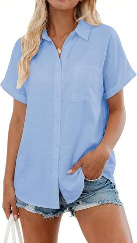 Womens Casual Button Down Shirt Short Sleeve Cotton Linen Blouses Ladies Collared Button Up Summer Beach Tops Outfits in Saudi Arabia