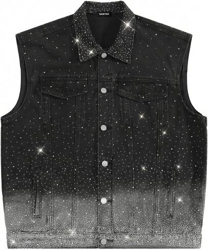 Vamtac Mens Rhinestone Denim Vest Sleeveless Jean Jacket, Black Sparkly Studded Vest for Streetwear, Party & Festival in Saudi Arabia