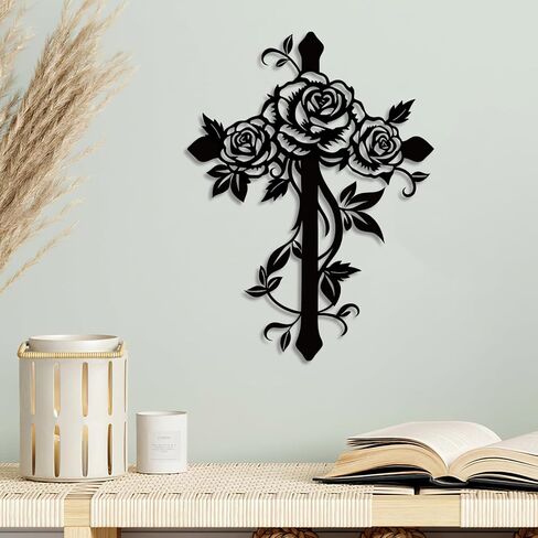 Kercan Metal Rose Cross Wall Decor - Modern Room Decor Black Cross Wall Art Home Decor for Living Room, Bedroom, Dining Room, Porch in Saudi Arabia