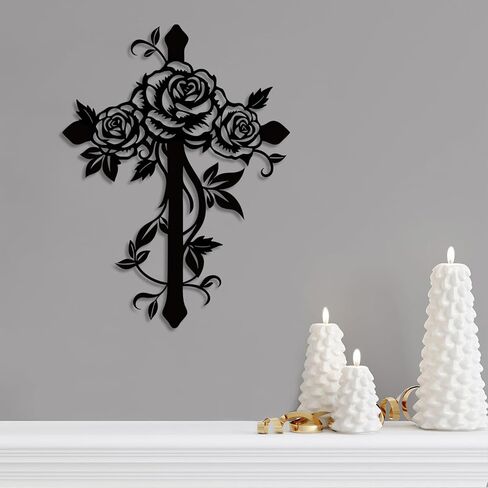 Kercan Metal Rose Cross Wall Decor - Modern Room Decor Black Cross Wall Art Home Decor for Living Room, Bedroom, Dining Room, Porch in Saudi Arabia