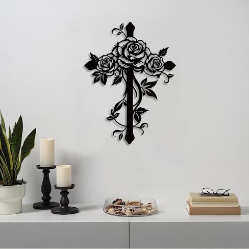 Kercan Metal Rose Cross Wall Decor - Modern Room Decor Black Cross Wall Art Home Decor for Living Room, Bedroom, Dining Room, Porch in Saudi Arabia