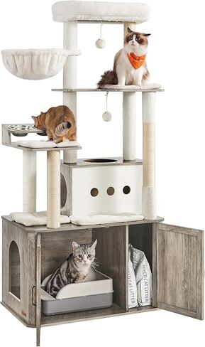 Feandrea Cat Tree, 66.9-Inch Cat Tower with Litter Box Enclosure, Large Cat Condo with Food Station, Storage, Scratching Posts, Cat Cave, Hammock, Washable Cushions, Heather Greige UPCT169K02 in Kuwait