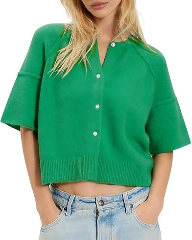 Women's Short Sleeved Cardigan Sweater Round Neck Buttons Short Knit Top Cut Casual Ribbed Hem Pullover in Kuwait